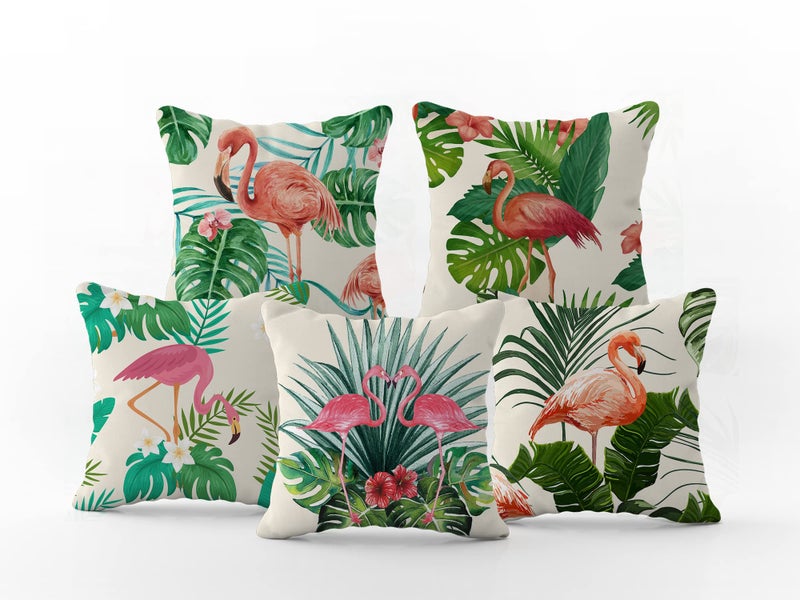 HOOPY Canvas Set of 5 Designer Decorative Throw Pillow/Cushion Covers (16 Inch X 16 Inch, Flamingo Print), 100 TC,Pink - Image 4