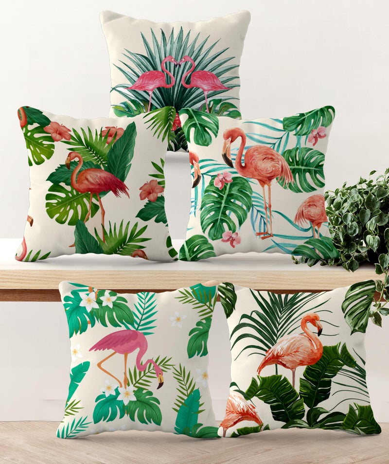 HOOPY Canvas Set of 5 Designer Decorative Throw Pillow/Cushion Covers (16 Inch X 16 Inch, Flamingo Print), 100 TC,Pink - Image 1
