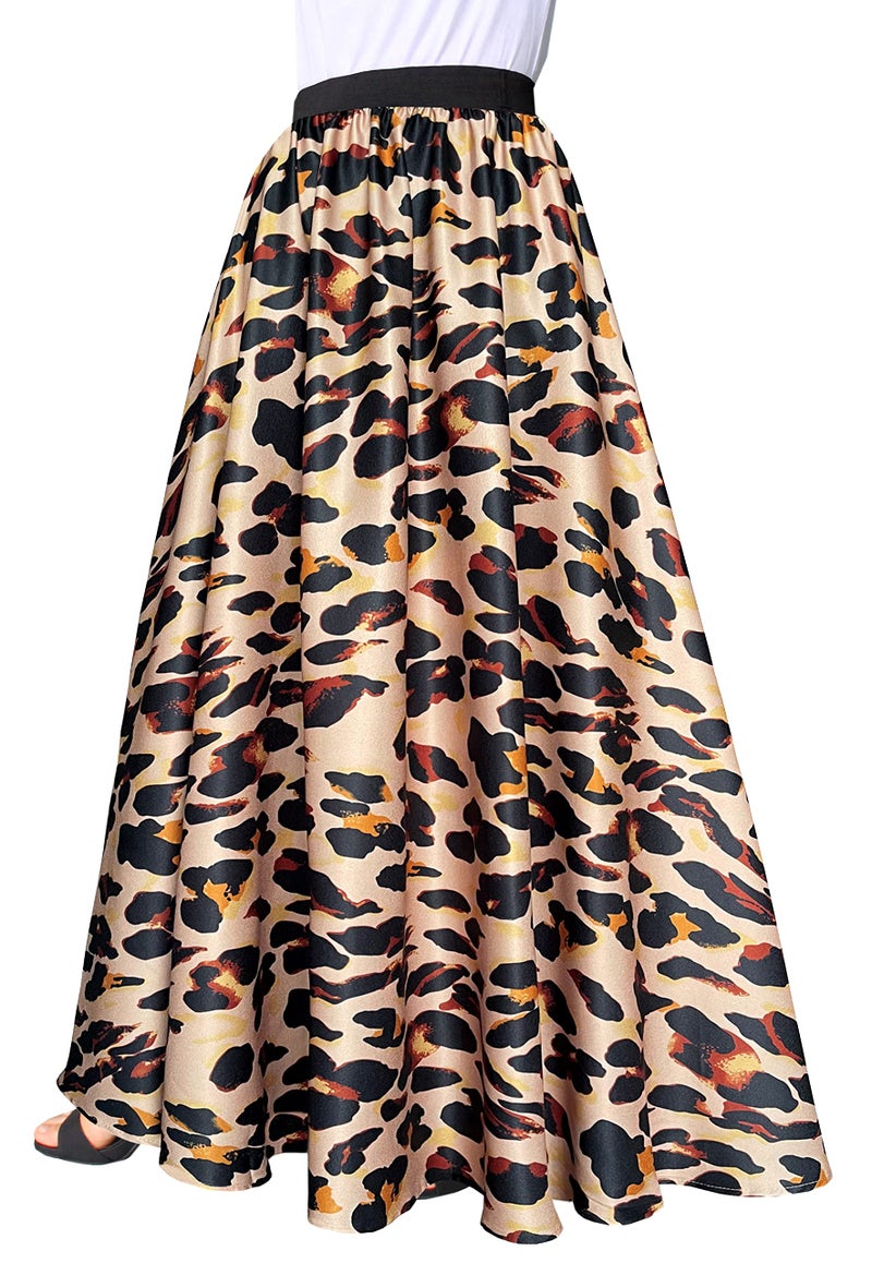 Afibi Women Chiffon Mopping Floor Length Big Hem Solid Beach High Waist Maxi Skirt Small Leopard Yellow