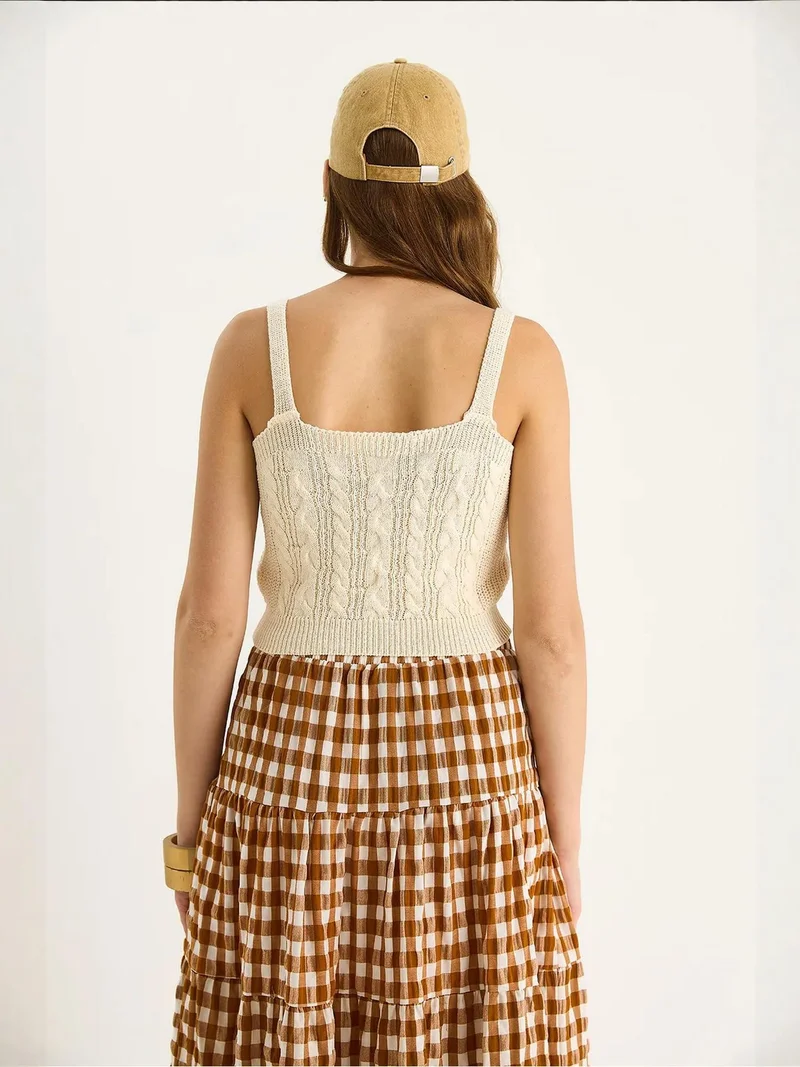 Bianco Lucci Ivory Natural LUCCI Textured Ribbed Square Collar Crop Blouse for Women | Best Price UAE