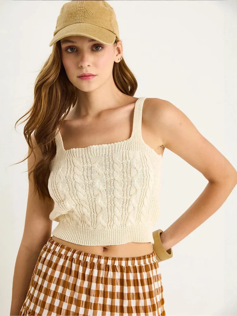 Bianco Lucci Ivory Natural LUCCI Textured Ribbed Square Collar Crop Blouse for Women | Best Price UAE