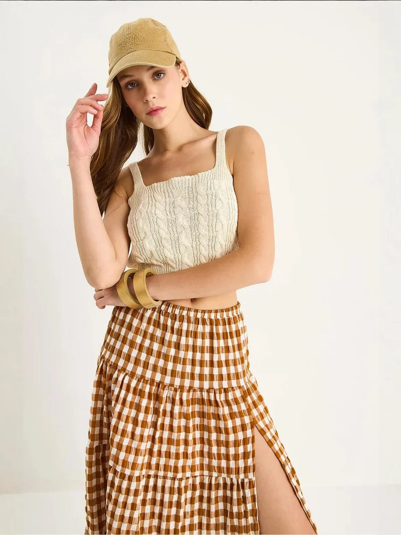 Bianco Lucci Ivory Natural LUCCI Textured Ribbed Square Collar Crop Blouse for Women | Best Price UAE