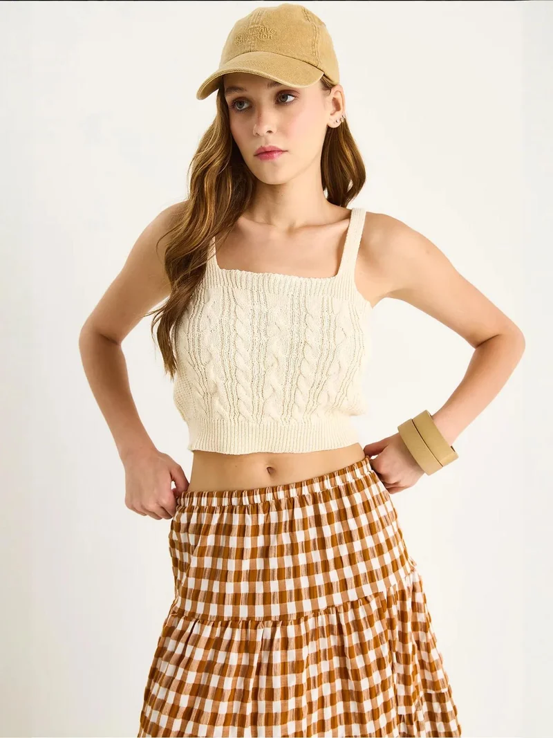 Bianco Lucci Ivory Natural LUCCI Textured Ribbed Square Collar Crop Blouse for Women | Best Price UAE