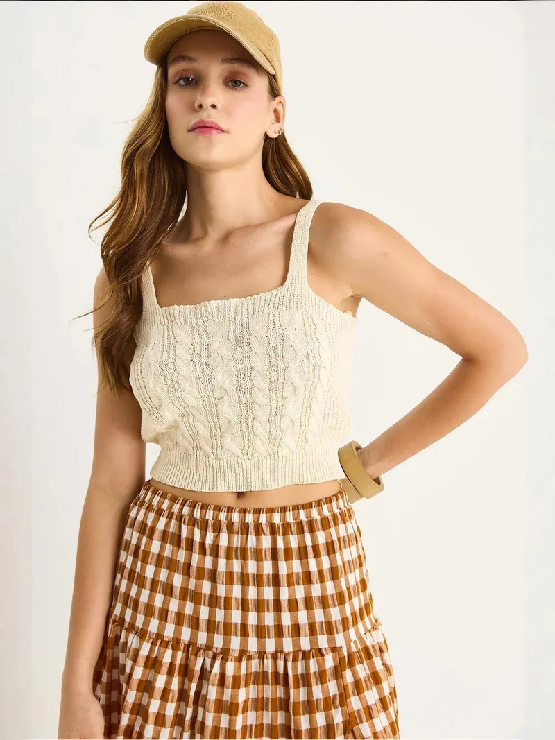 Bianco Lucci Ivory Natural LUCCI Textured Ribbed Square Collar Crop Blouse for Women | Best Price UAE