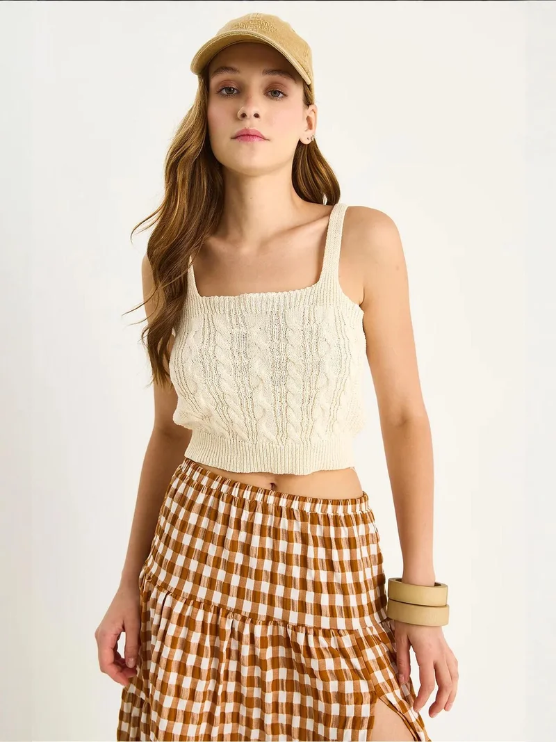 Bianco Lucci Ivory Natural LUCCI Textured Ribbed Square Collar Crop Blouse for Women | Best Price UAE