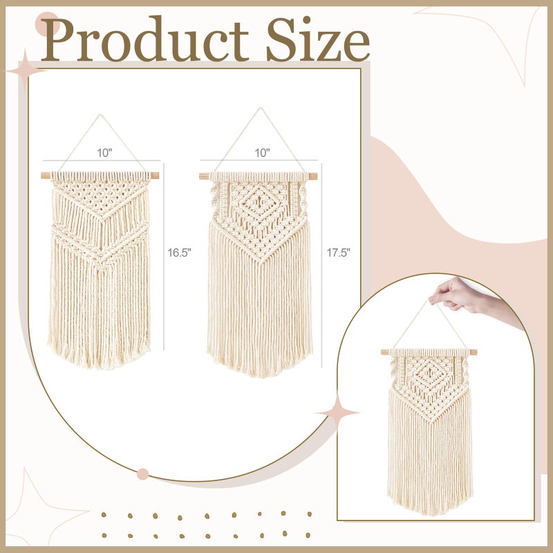 Dahey تعليق حائط ماكرامي صغير من داهي 2 قطعة - فن جداري منسوج - جميل لتزيين المنزل البوهيمي، سكن الطلاب، قاعة الدراسة، الشقة، حضانة، زينة الحفلات، 16.5 بوصة طول × 10 بوصة عرض و 17.5 بوصة × 10 بوصة - Image 3