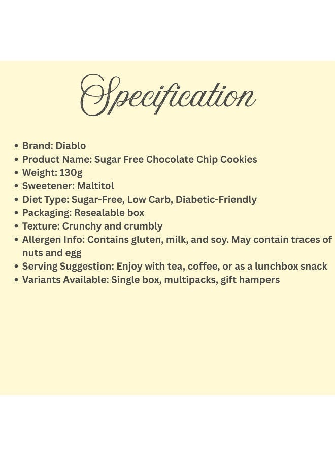 Diablo Sugar Free Chocolate Chip Cookies 130g | Sweetened with Maltitol | Low Sugar Biscuit Snack | Gift Hamper & Multipack Options Available | Pack of 3 - Image 3