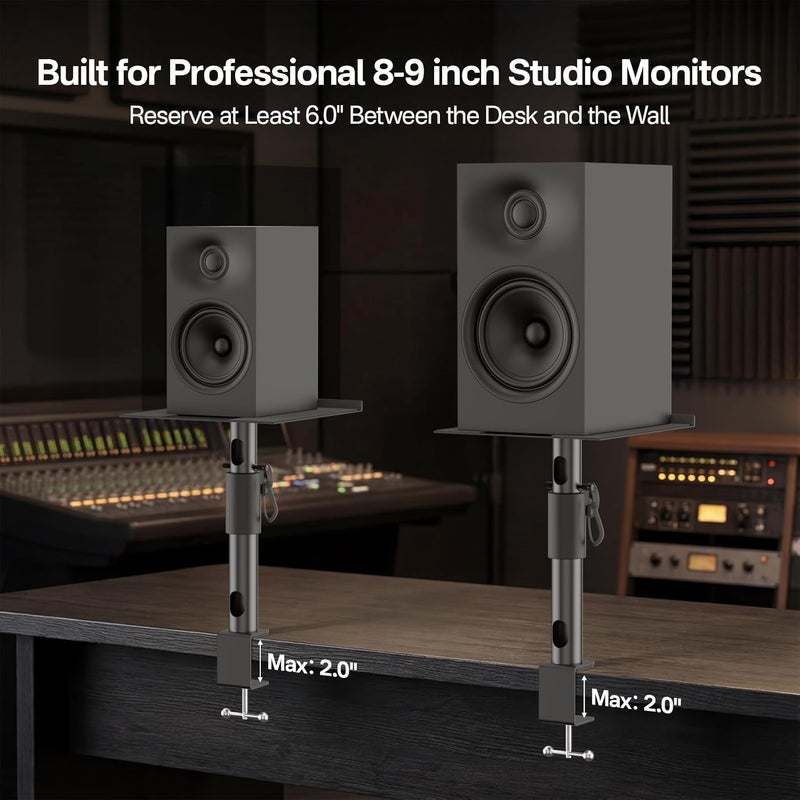 Yibracki حوامل مراقبة الاستوديو لـ PreSonus وJBL Nano K والمزيد من حوامل مكبرات الصوت المراقبة، حوامل مكبرات الصوت المكتبية/الرفوف القابلة لضبط الارتفاع والميل والدوران لـ KRK وKlipsch وPolk والمزيد مع حامل سماعات الرأس. - Image 2