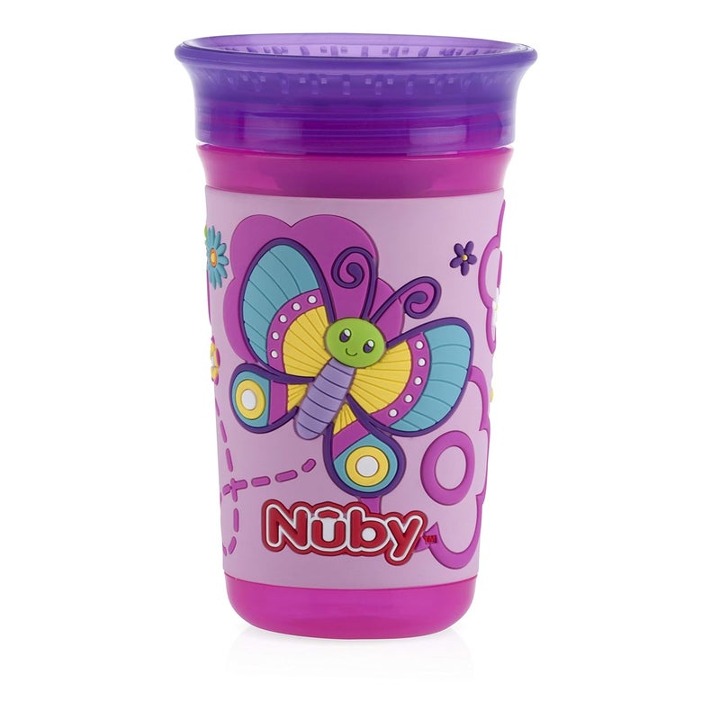 Nuby 360 Degree Easy Sip 3D Grip Wonder Cup with Printed Silicone Sleeve Purple Butterfly 10 Oz - Image 1