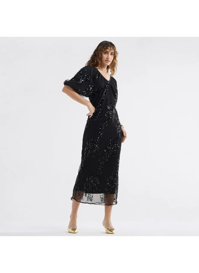 Splash FAV Sequinned Midi Dress with Short Puff Sleeves and V-neck