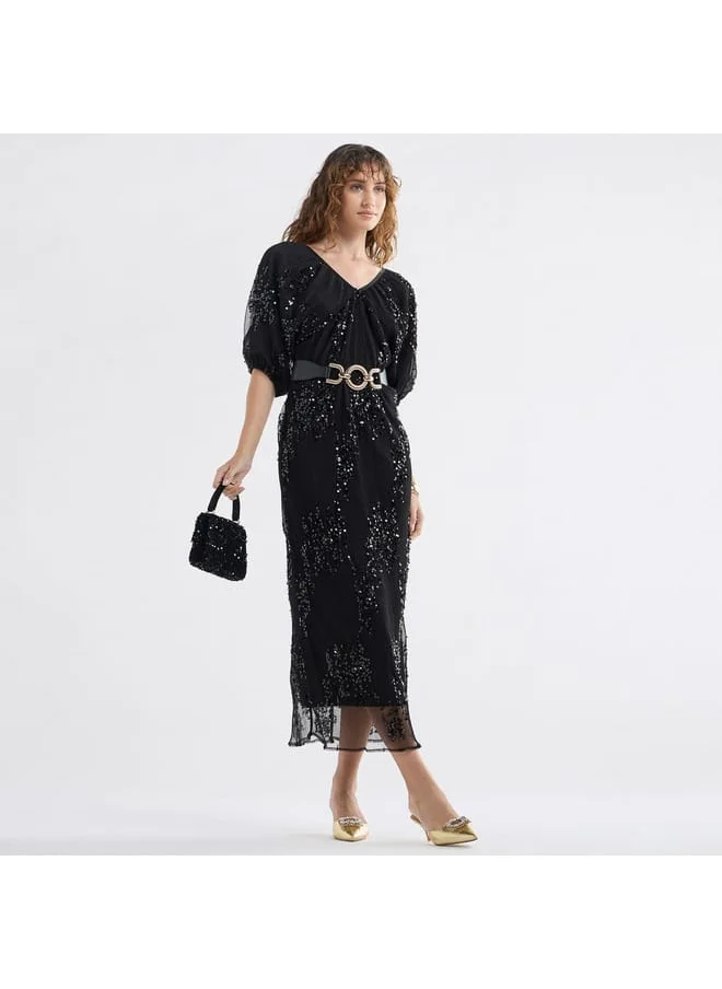 Splash FAV Sequinned Midi Dress with Short Puff Sleeves and V-neck