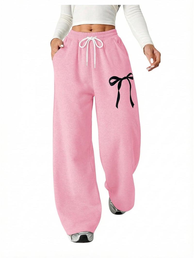 Verdusa Girl's Bowknot Baggy Sweatpants Lightweight Straight Leg Athletic Pants with Pockets Pink 12 Years - Image 4