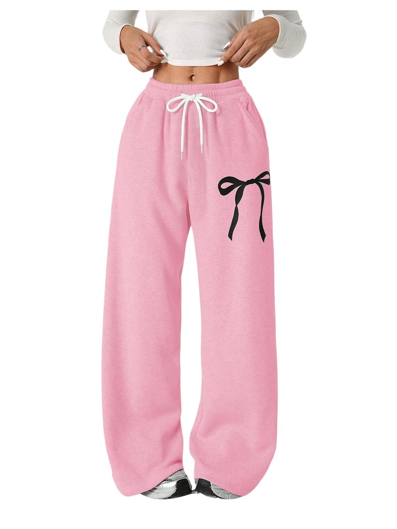 Verdusa Girl's Bowknot Baggy Sweatpants Lightweight Straight Leg Athletic Pants with Pockets Pink 12 Years - Image 1