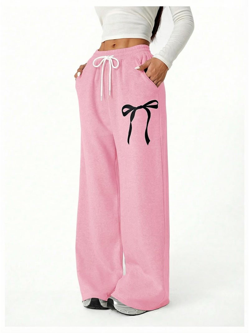 Verdusa Girl's Bowknot Baggy Sweatpants Lightweight Straight Leg Athletic Pants with Pockets Pink 12 Years - Image 5