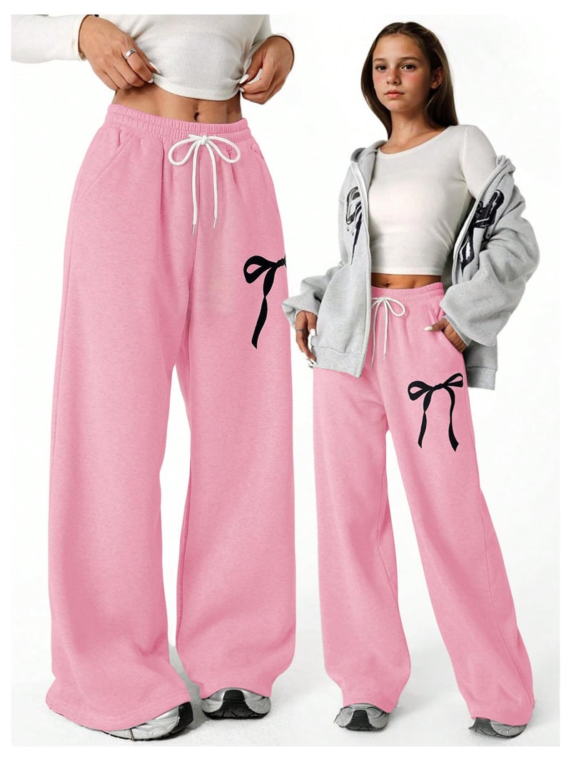 Verdusa Girl's Bowknot Baggy Sweatpants Lightweight Straight Leg Athletic Pants with Pockets Pink 12 Years - Image 3