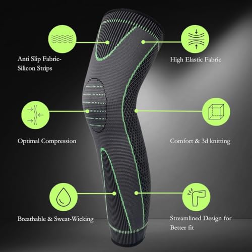 GymWar Nylon Knee Support For Men- 3D Knitted Knee Brace For Gym, Workout And Pain Relief | Extra Long Leg Braces Knee Sleeve For Working Out, Joint Pain ((Free Size, Green-Black) (Green-Pack of 2) - Image 2