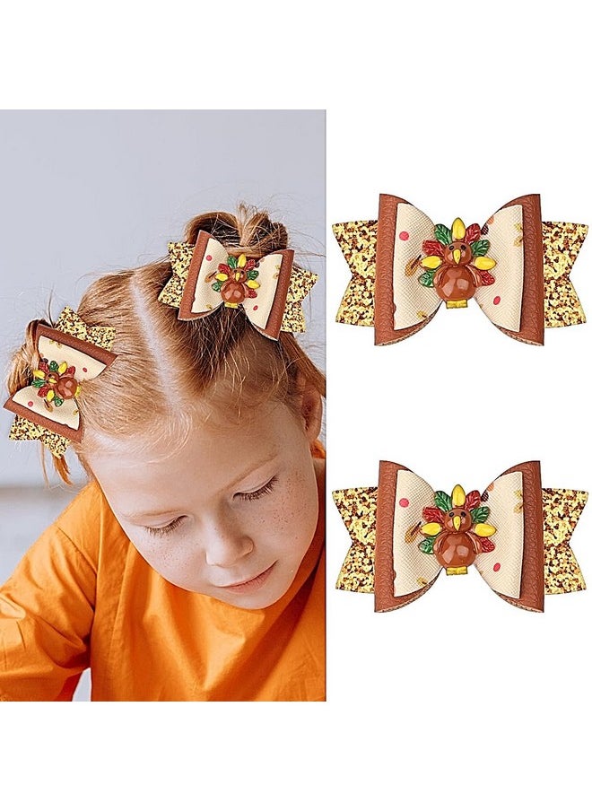 XIELIME - Thanksgiving Hair Bow Clips For Girls 2 Pcs Fall Turkey Glitter Hair Bows Autumn Grosgrain Ribbon Bow Hair Clips Cute Hair Accessories Hairpin For Toddler Kids Festival Party Favor Gift - Image 1