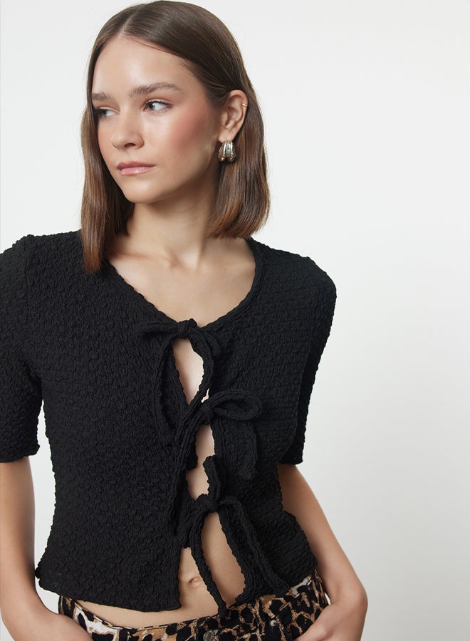 Black Textured Fitted/Body-Sit Tie Detailed Flexible Knitted Blouse TWOAW25BZ00206