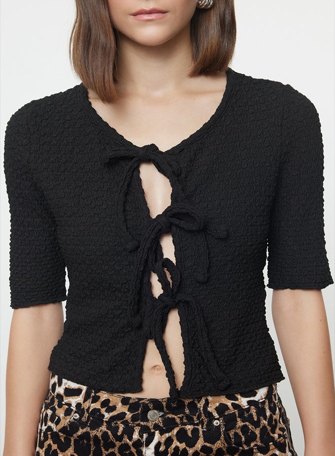 Black Textured Fitted/Body-Sit Tie Detailed Flexible Knitted Blouse TWOAW25BZ00206