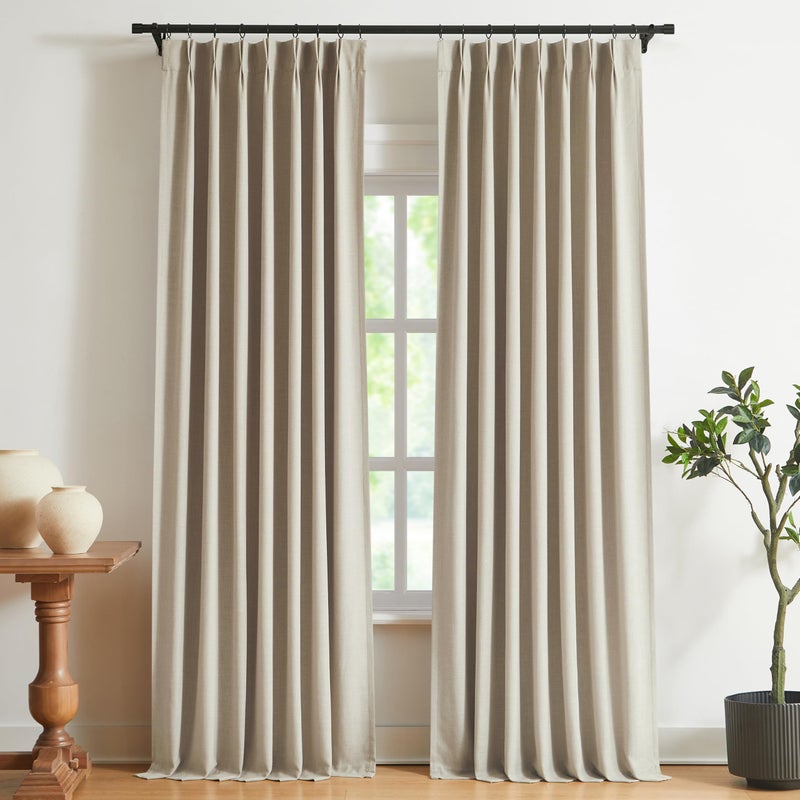 Vision Home Sand Pinch Pleated Full Blackout Curtains Linen Blended Room Darkening Window Curtains 108 inch for Living Room Bedroom Thermal Insulated Pinch Pleat Drapes with Hooks 40" Wx108 Lx2 - Image 1