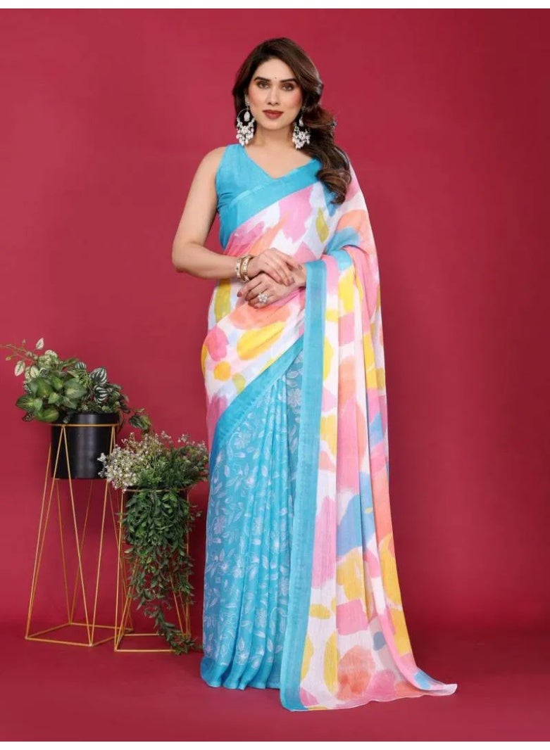 Ready To Wear Chiffon Silk Saree, Women's Moss Chiffon Silk Printed Saree with Unstitched Blouse Piece |  Daily Wear, Festive, & Casual Occasions (Blue) - Image 1