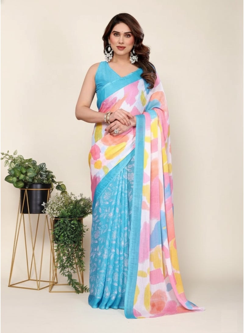 Ready To Wear Chiffon Silk Saree, Women's Moss Chiffon Silk Printed Saree with Unstitched Blouse Piece |  Daily Wear, Festive, & Casual Occasions (Blue) - Image 2