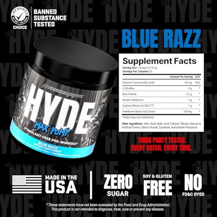 PROSUPPS Mr. Hyde Max Pump Pre Workout Powder - Stim-Free Preworkout Supports Blood Flow, Muscle Volume & Endurance - Caffeine-Free Nitric Oxide Gym & Fitness Supplements (Blue Razz, 20 Servings) - Image 5