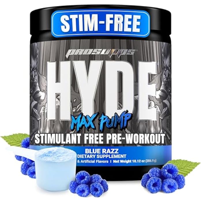 PROSUPPS Mr. Hyde Max Pump Pre Workout Powder - Stim-Free Preworkout Supports Blood Flow, Muscle Volume & Endurance - Caffeine-Free Nitric Oxide Gym & Fitness Supplements (Blue Razz, 20 Servings) - Image 1
