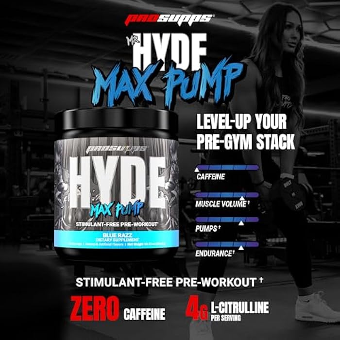 PROSUPPS Mr. Hyde Max Pump Pre Workout Powder - Stim-Free Preworkout Supports Blood Flow, Muscle Volume & Endurance - Caffeine-Free Nitric Oxide Gym & Fitness Supplements (Blue Razz, 20 Servings) - Image 2