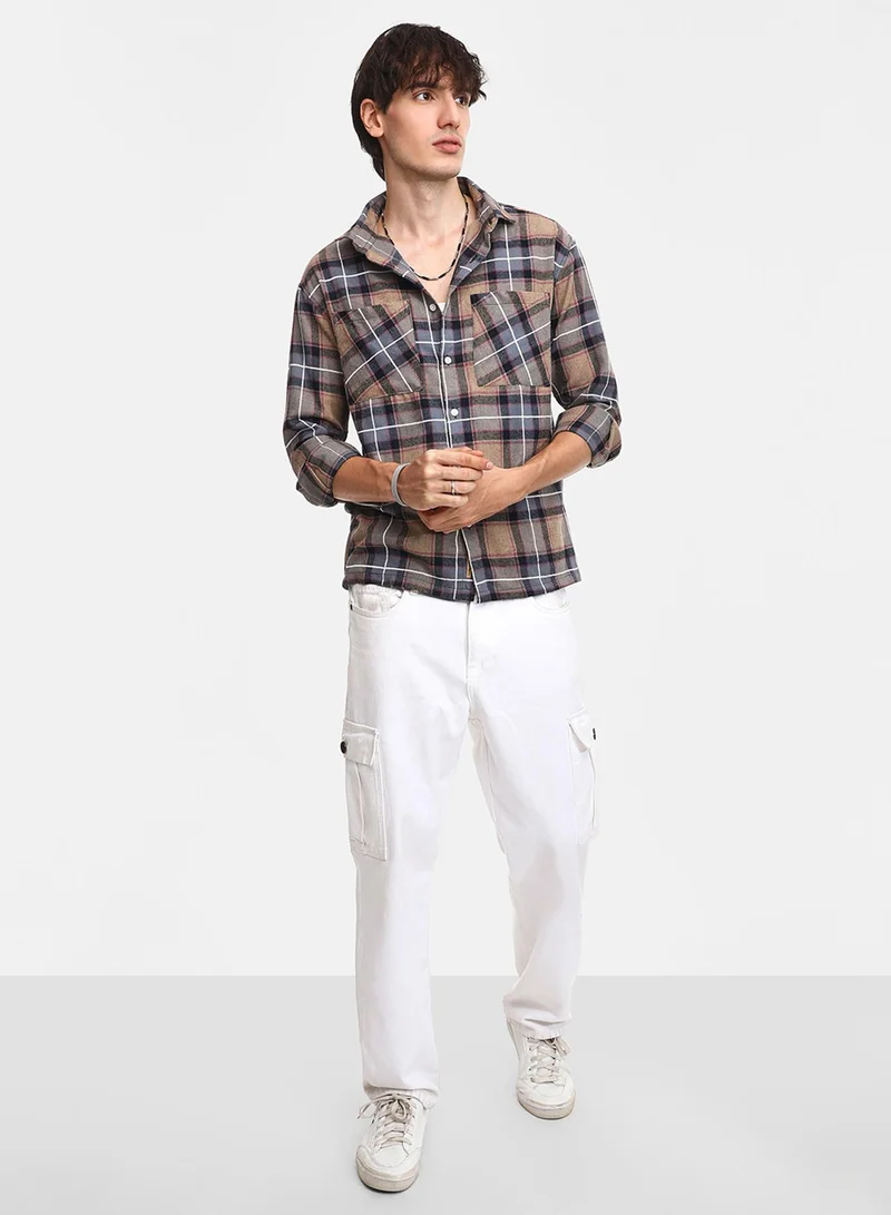 Campus Sutra Men's Icy Blue & Saltbox Beige Tartan Plaid Utility Shirt