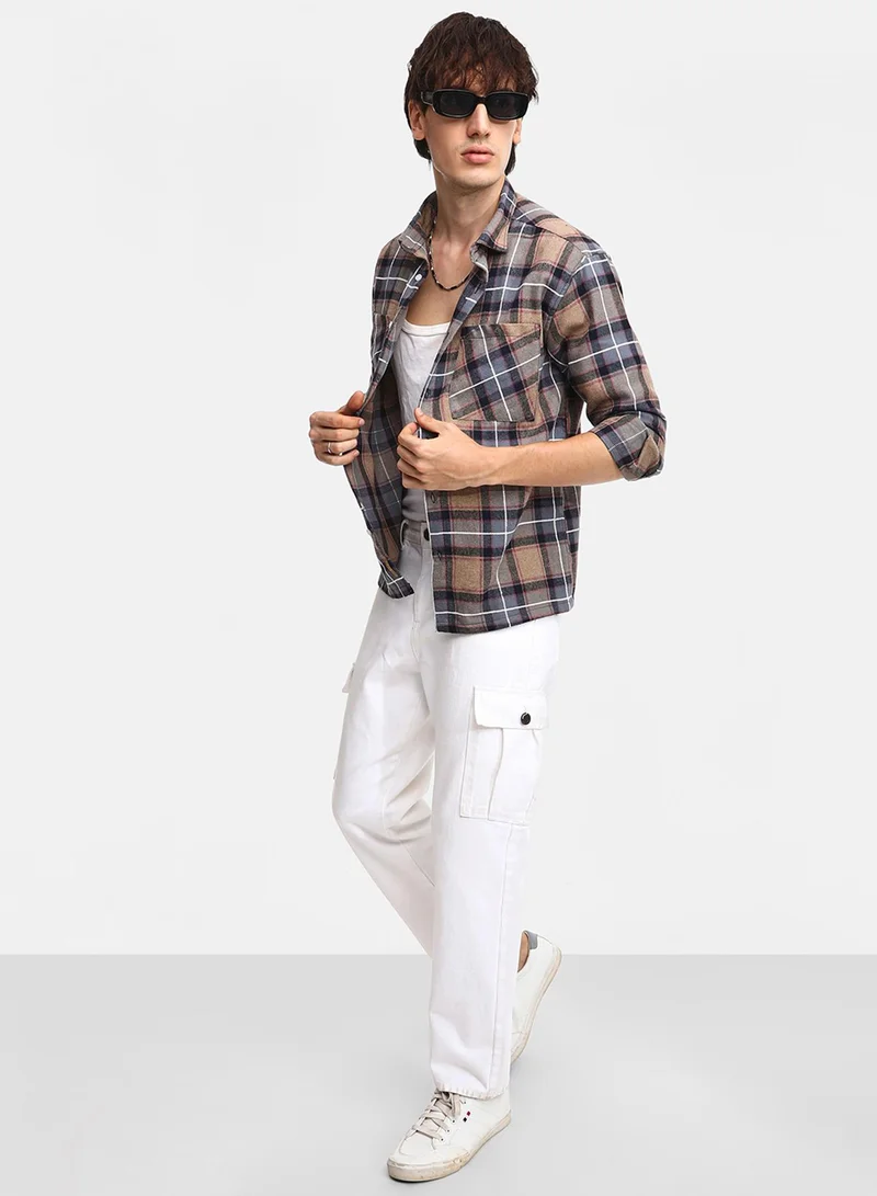 Campus Sutra Men's Icy Blue & Saltbox Beige Tartan Plaid Utility Shirt