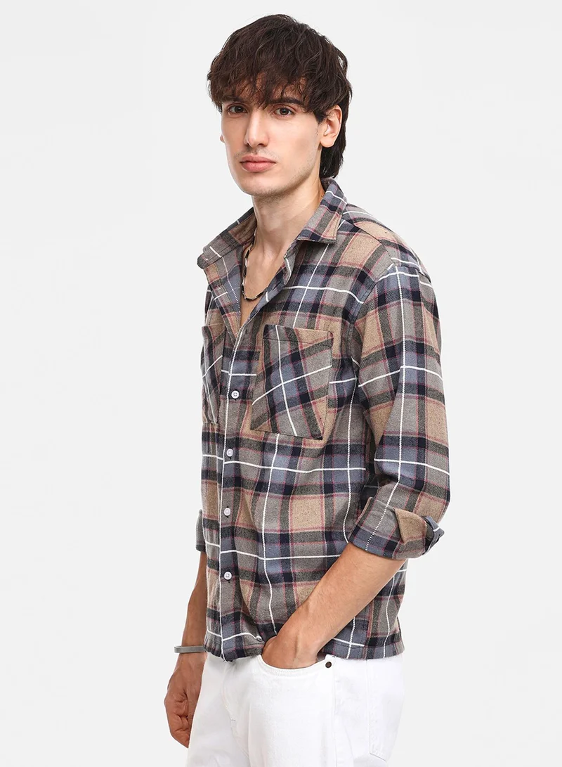 Campus Sutra Men's Icy Blue & Saltbox Beige Tartan Plaid Utility Shirt