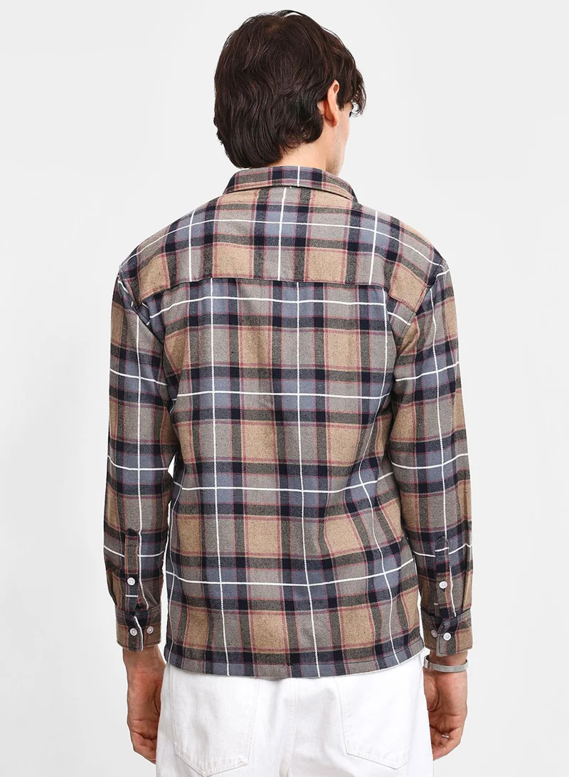 Campus Sutra Men's Icy Blue & Saltbox Beige Tartan Plaid Utility Shirt