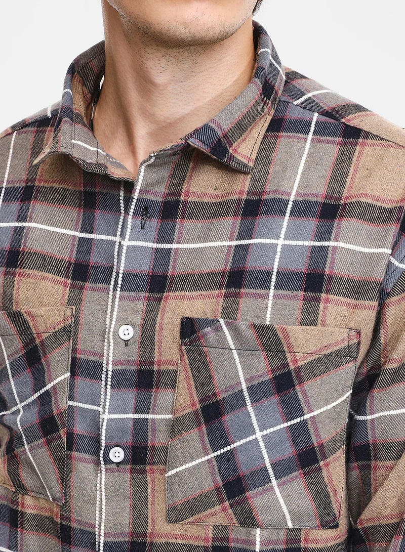 Campus Sutra Men's Icy Blue & Saltbox Beige Tartan Plaid Utility Shirt