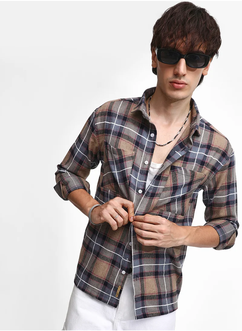 كامبوس سوترا Men's Icy Blue & Saltbox Beige Tartan Plaid Utility Shirt