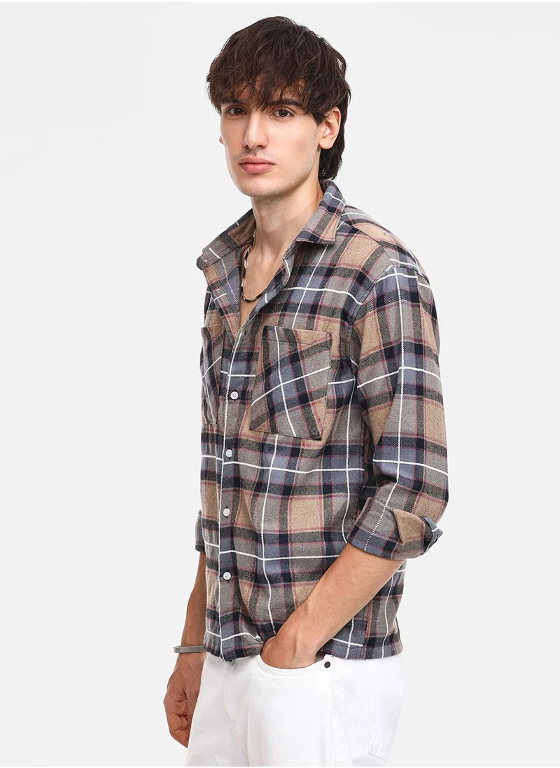 كامبوس سوترا Men's Icy Blue & Saltbox Beige Tartan Plaid Utility Shirt