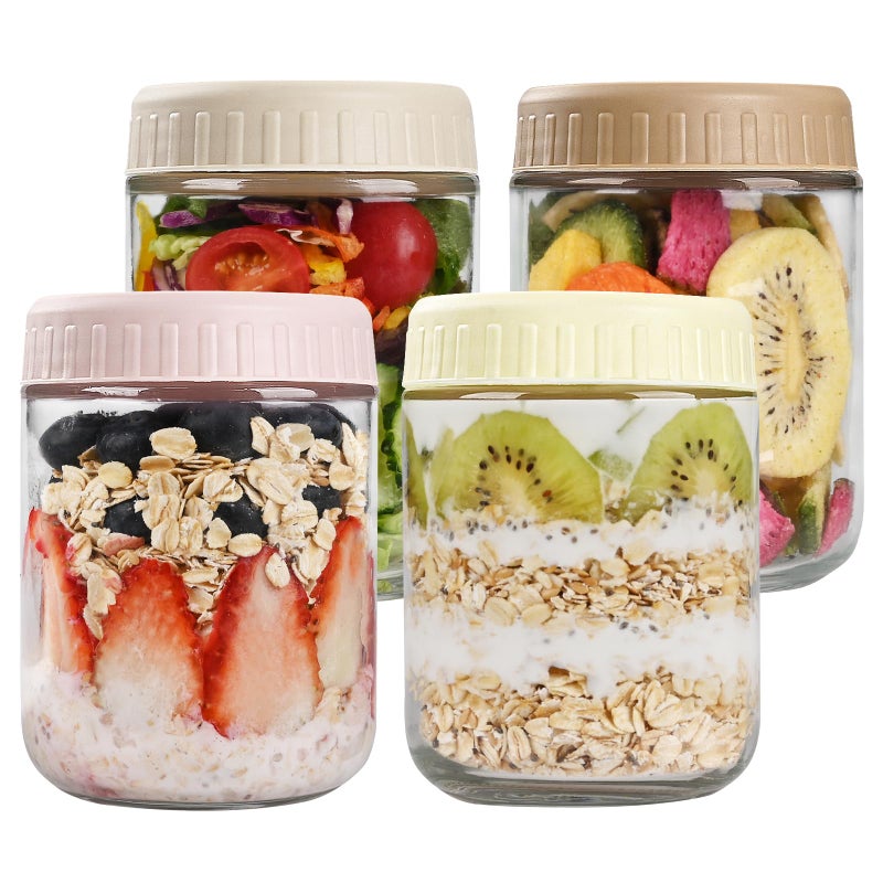 SHOWIN Overnight Oats Containers with Lids, 16oz Glass Jars with Lids 4 pcs, Wide Mouth Mason jars for Salad, Yogurt, Snacks, Meal Prep - Image 1