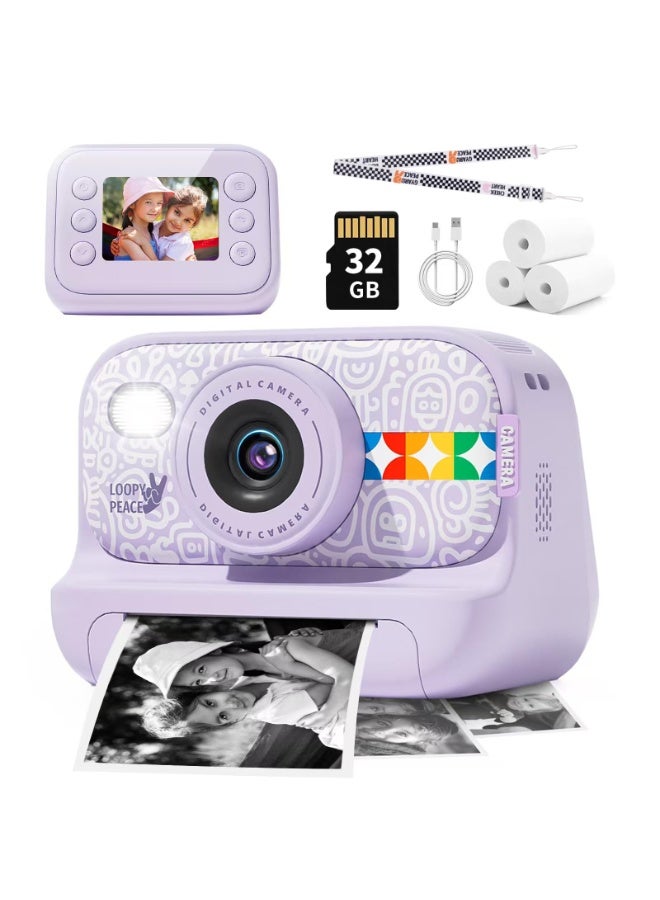 Milatech Instant Print Camera for Kids, 48MP Photos 1080P Digital Video Camera, 32GB Card Purple - Image 1