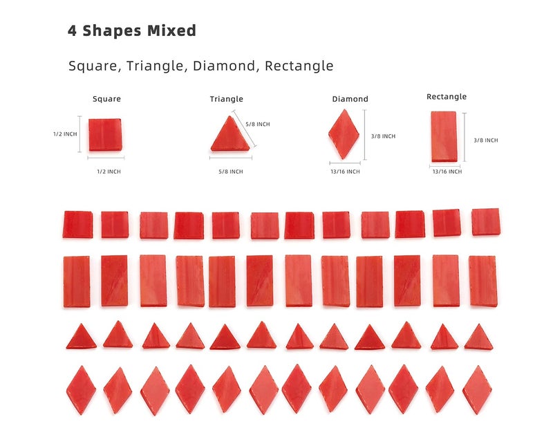 Lanyani Lanyani 200 Pieces Glass Mosaic Tiles for Crafts,4 Shapes Mixed Colorful Tiffany Stained Glass Pieces,Square/Rectangle/Diamond/Triangle,Fire Red  - Image 3