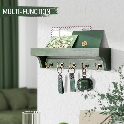 Rebee Vision Farmhouse Pine Wood Key Holder Wall Mount with Shelf for Home Improvement Rustic Wall Mail Holder for Farmhouse Room Decor Perfect Mail Organizer for Home Green - Image 3