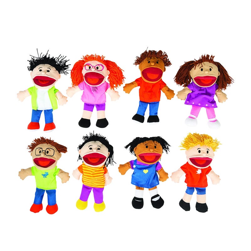 Fun Express Hand Puppets for Kids - 8 Multicultural Plush Puppets with Movable Mouths for Speech Therapy, Social Emotional Learning & Dramatic Play | 14 Inch Educational Toys for Classroom & Home Use - Image 1