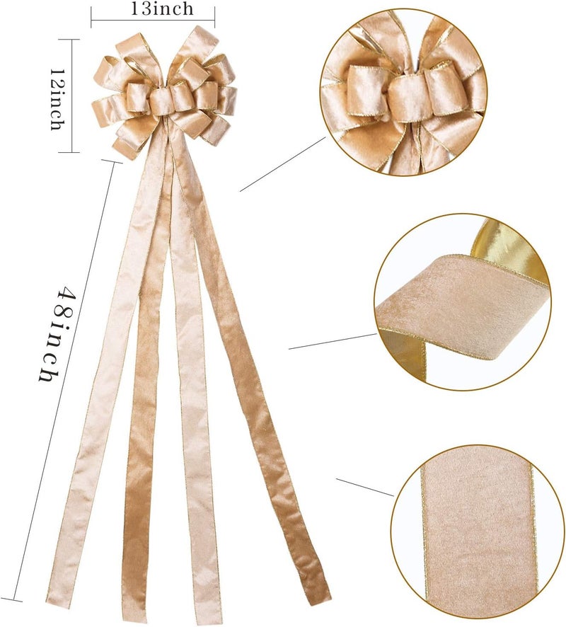 BUVANE Christmas Tree Topper,48x13 Inches Velvet Toppers Bow,Large Decorative Bows for Christmas Decoration (Champagne) - Image 2