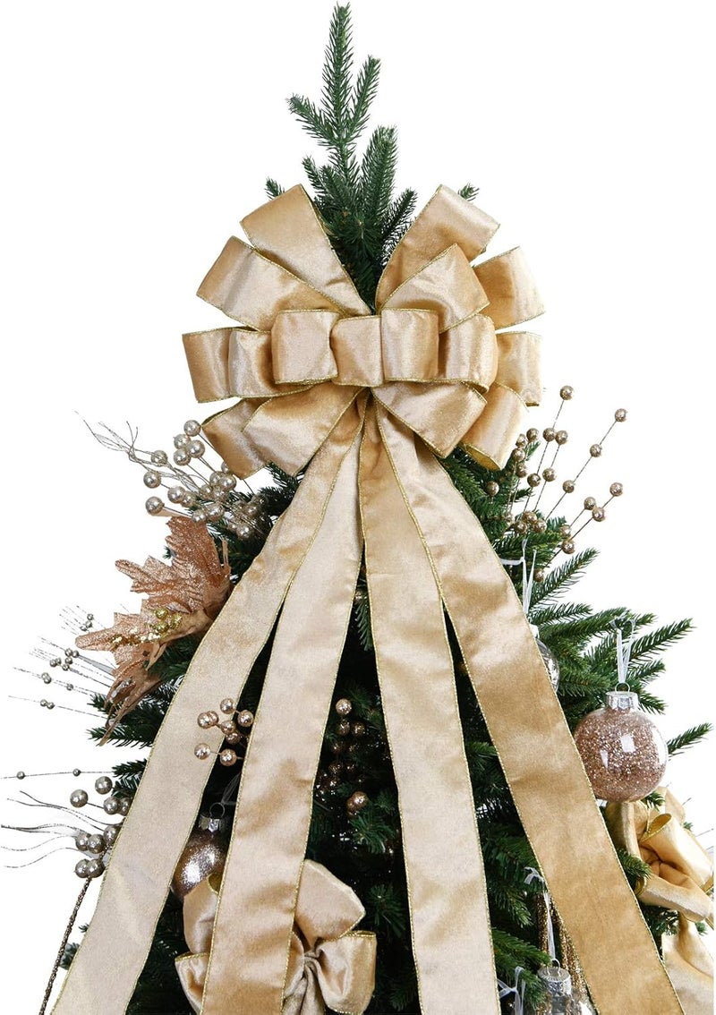 BUVANE Christmas Tree Topper,48x13 Inches Velvet Toppers Bow,Large Decorative Bows for Christmas Decoration (Champagne) - Image 4