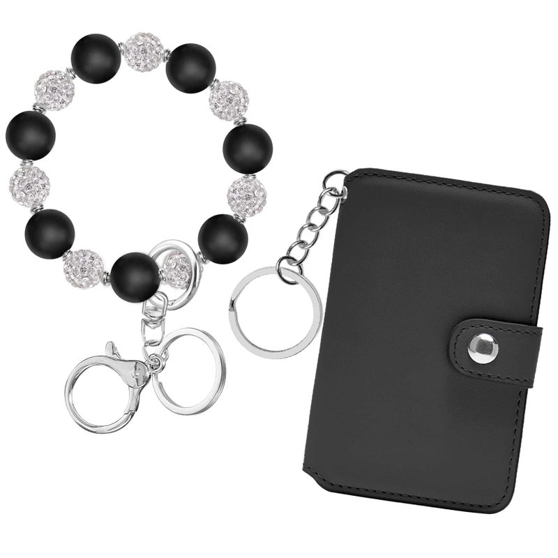 M-Plateau Wristlet Keychain With Wallet, Silicone Wrist Keychain with Credit Card Wallet, Beads Bracelets For Women For Travel Essentials (Black) - Image 1