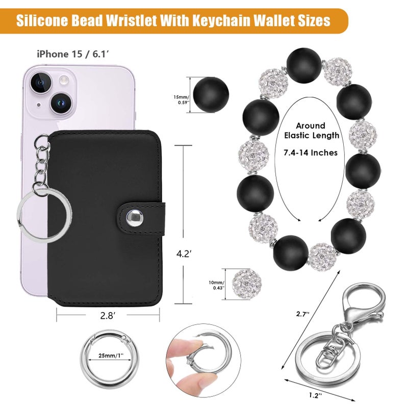 M-Plateau Wristlet Keychain With Wallet, Silicone Wrist Keychain with Credit Card Wallet, Beads Bracelets For Women For Travel Essentials (Black) - Image 2