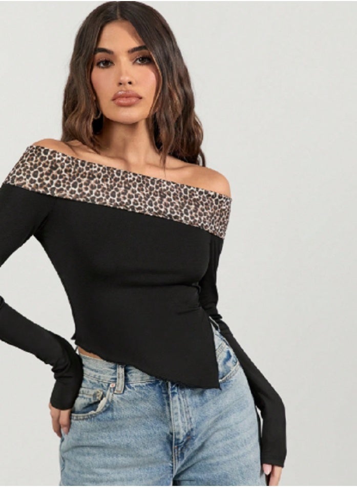 Shein Women's Off Shoulder Asymmetrical Hem Top, Leopard Print Patchwork Top  - Image 1