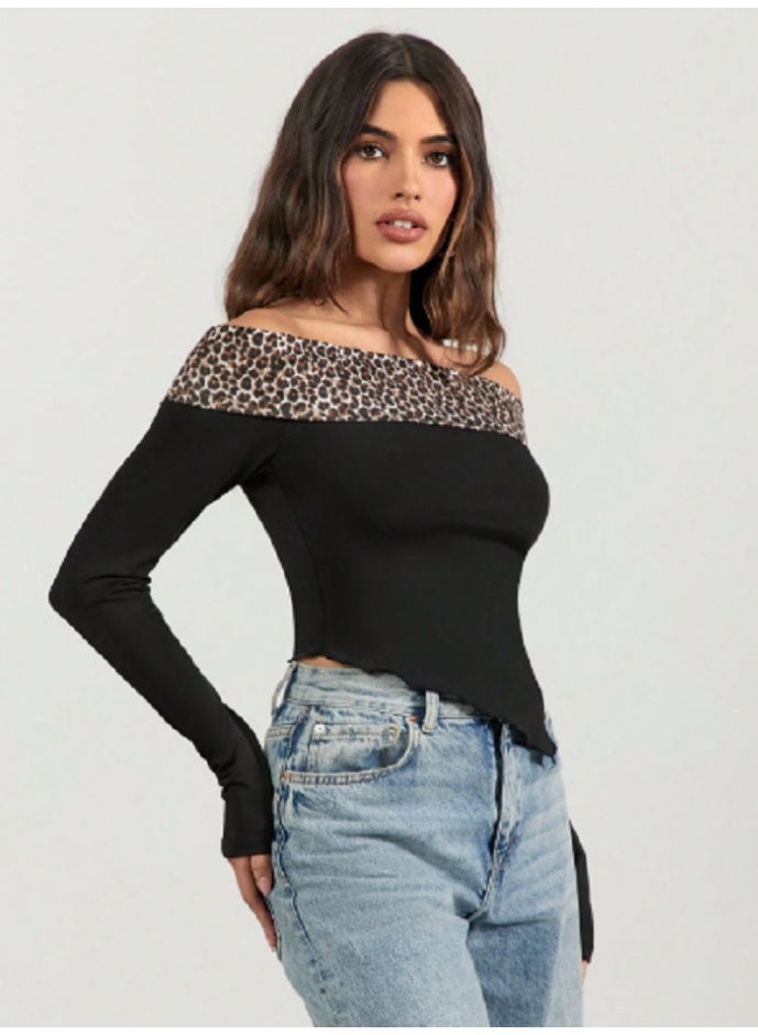 Shein Women's Off Shoulder Asymmetrical Hem Top, Leopard Print Patchwork Top  - Image 2