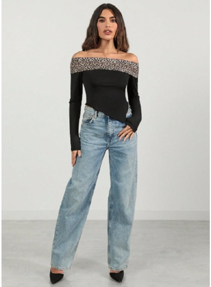 Shein Women's Off Shoulder Asymmetrical Hem Top, Leopard Print Patchwork Top  - Image 5