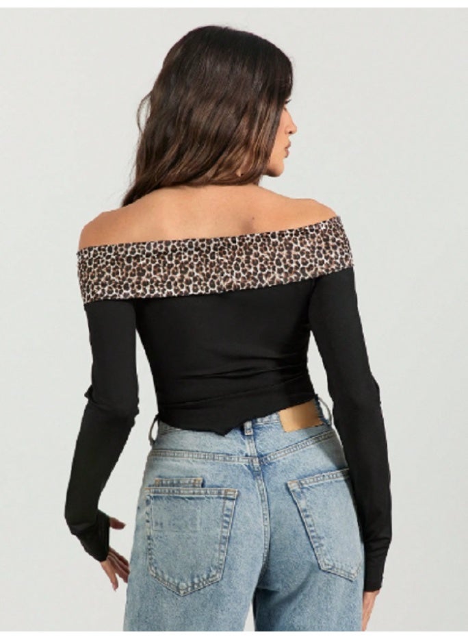 Shein Women's Off Shoulder Asymmetrical Hem Top, Leopard Print Patchwork Top  - Image 3