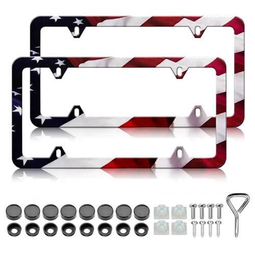 LIN KANG American Flag License Plate Frame Holder 2 Pack Patriotic Universal Aluminum Matte Stripe US Flag Gloss Car Plate Frame Covers with 4 Holes and Screws Fasteners Caps - Image 1